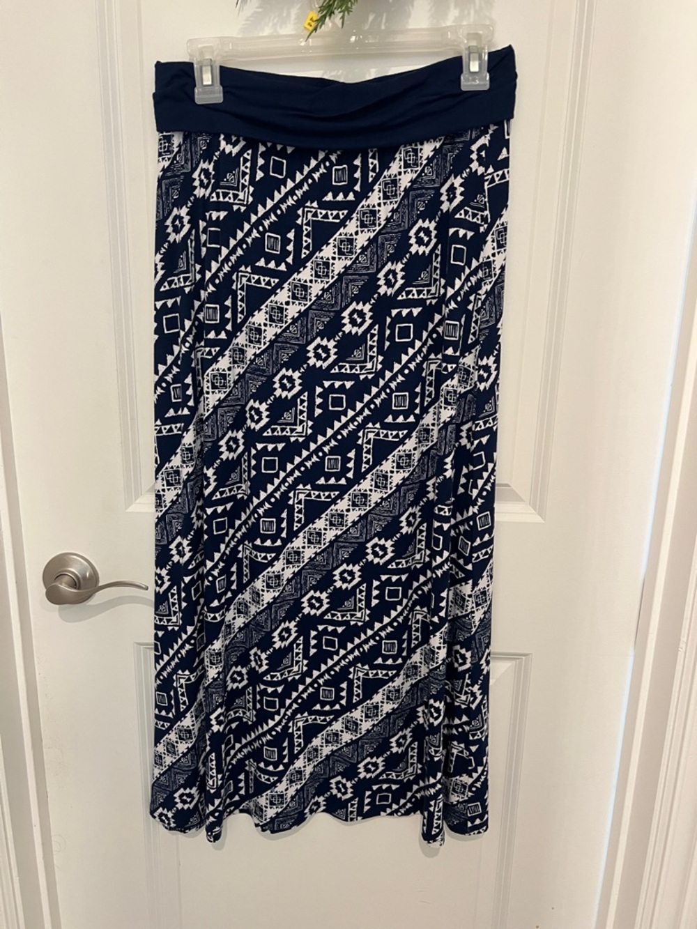 Justice Navy and White Tribal Print Maxi Skirt with Fold-Over Waist